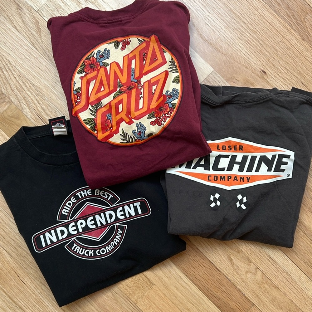 Lots of three teen boy shirts, loser machine, Santa Cruz, independent